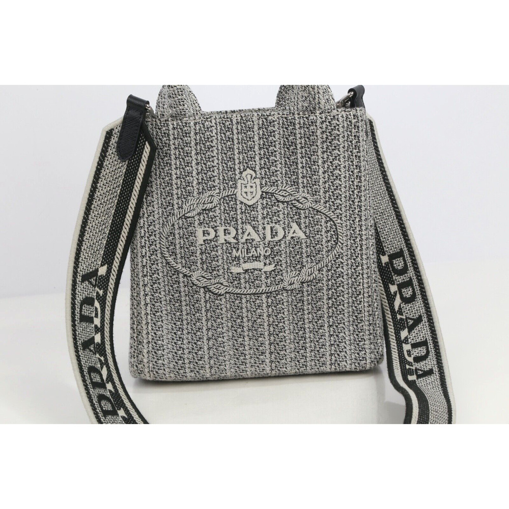 Prada Ricamo Jacquard Logo Embroidered Black Talco Leather Tote Shoulder Bag - Picture 12 of 16